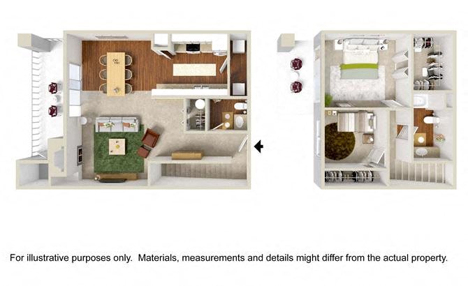 Floor plan for 2 beds, 1.5 baths, 1045 sqft